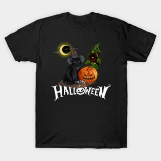 Black cat Halloween - black hollyhock T-Shirt